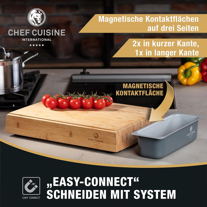 CHEF CUISINE magnetisches Schneidebrett aus Holz mit Auffangschale – Bambus Schneidebrett mit magnet