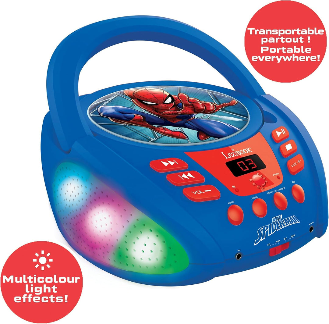 Lexibook - Marvel Spider-Man - Bluetooth-CD-Player für Kinder - Tragbar, Lichteffekte, Mikrofonbuchs