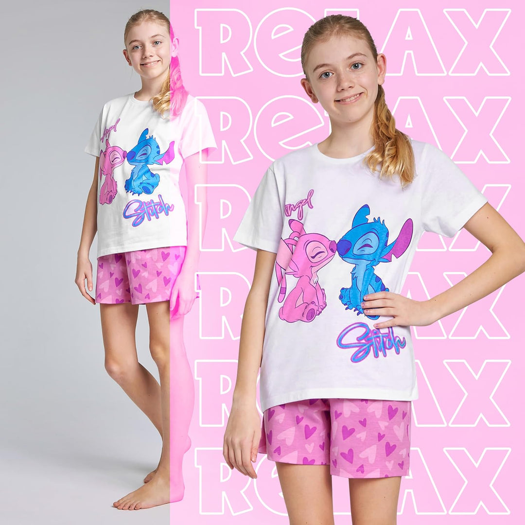 Disney Stitch Schlafanzug Mädchen Kurz, Pyjama T-Shirt & Shorts - Stitch Sachen 7-8 Jahre Rosa/Blau