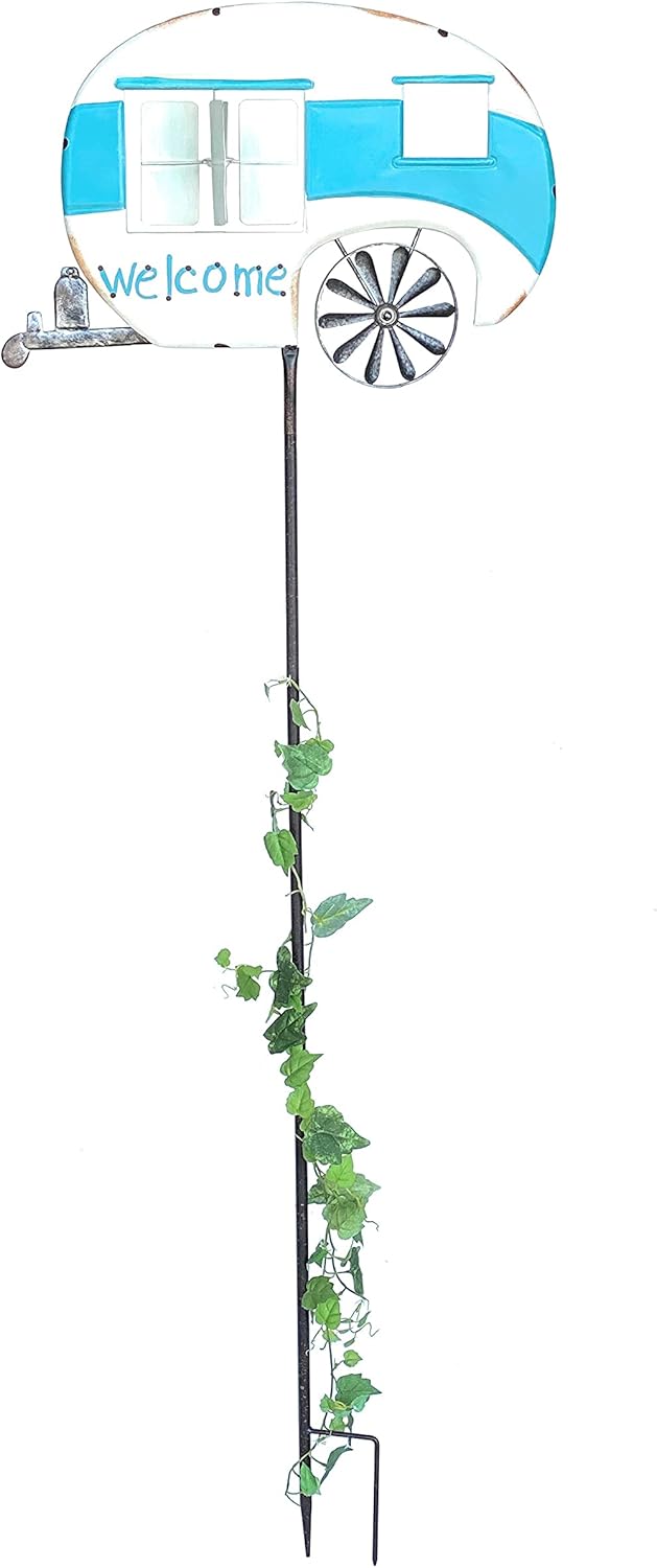 DanDiBo Gartenstecker Metall Wohnwagen XL 160 cm Blau Weiss Caravan 96103 Windspiel Willkommen Windr