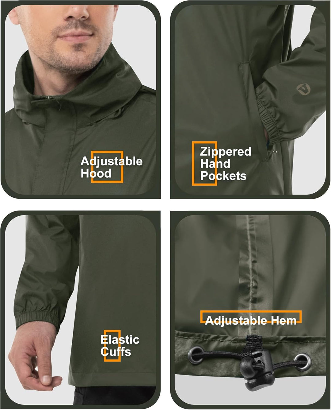 Outdoor Ventures Herren Regenjacke Wasserdichter Pullover mit Kapuze Packbare Reflektierende Jacke L