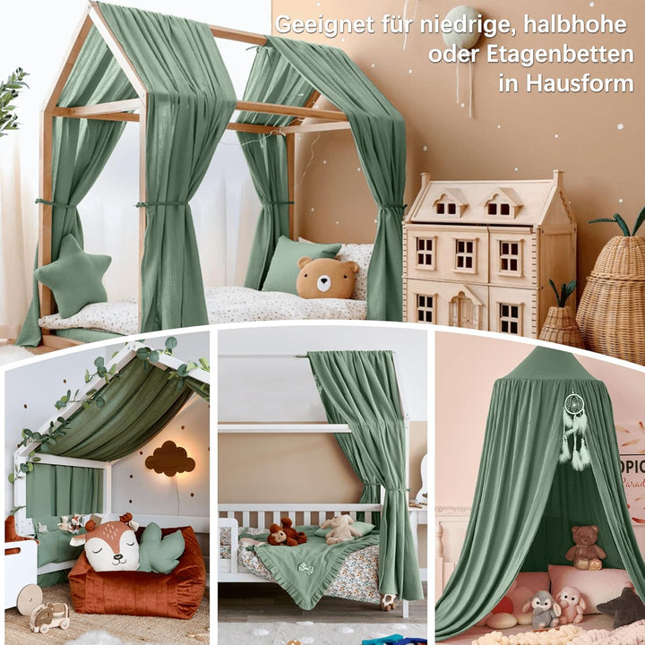 Hausbett Himmel Deko Set, Betthimmel Hausbett aus Musselin - 2 Betthimmel &amp; 1 Wimpelkette, für Junge