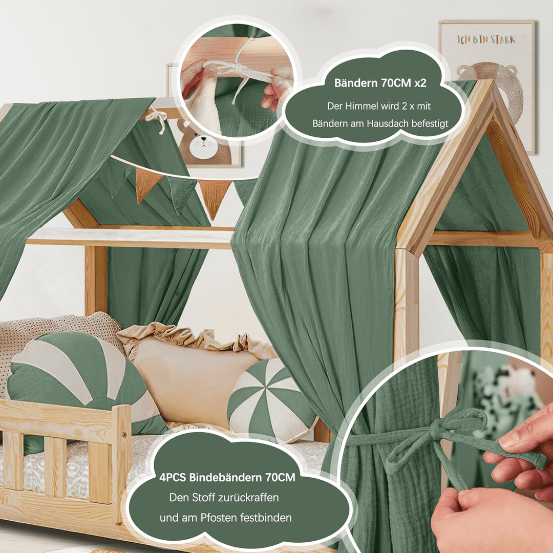 Hausbett Himmel Deko Set, Betthimmel Hausbett aus Musselin - 2 Betthimmel &amp; 1 Wimpelkette, für Junge
