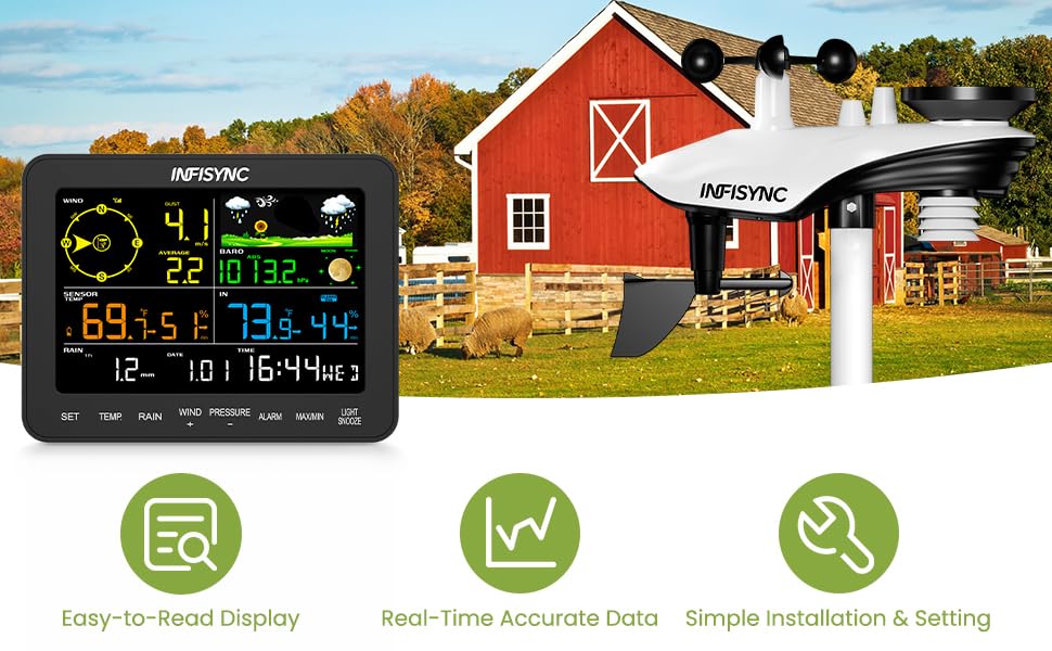 12-in-1 Wetterstation, Wetterstation Funk mit Aussensensor, Windmesser, Barometer, Aussentemperatur