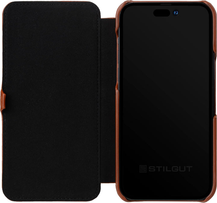 STILGUT Book Case kompatibel mit iPhone 14 Pro Max (6.7“) Hülle aus Leder mit Clip-Verschluss, Klapp
