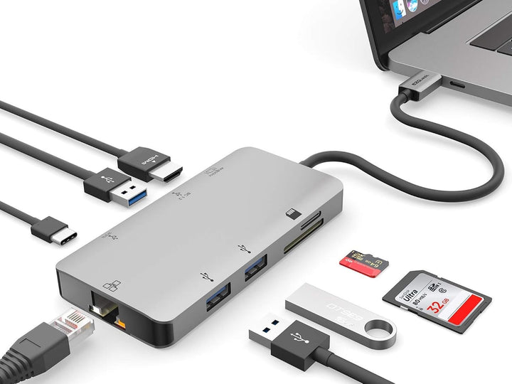 EZQuest USB-C Multimedia Hub Adapter 8 Anschlüsse (HDMI 4K 30Hz, 100W USB-C PD 3.0, Gigabit Ethernet