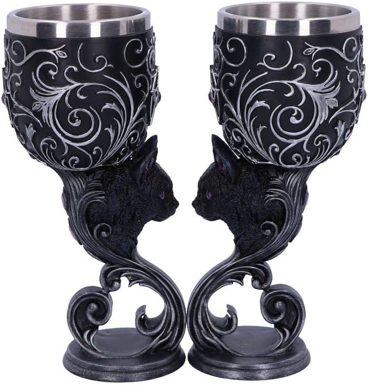 Nemesis Now Hex Twin Cat Heart Set mit Zwei Kelchen, Harz mit Edelstahl-Einsatz, Schwarz und Silber,