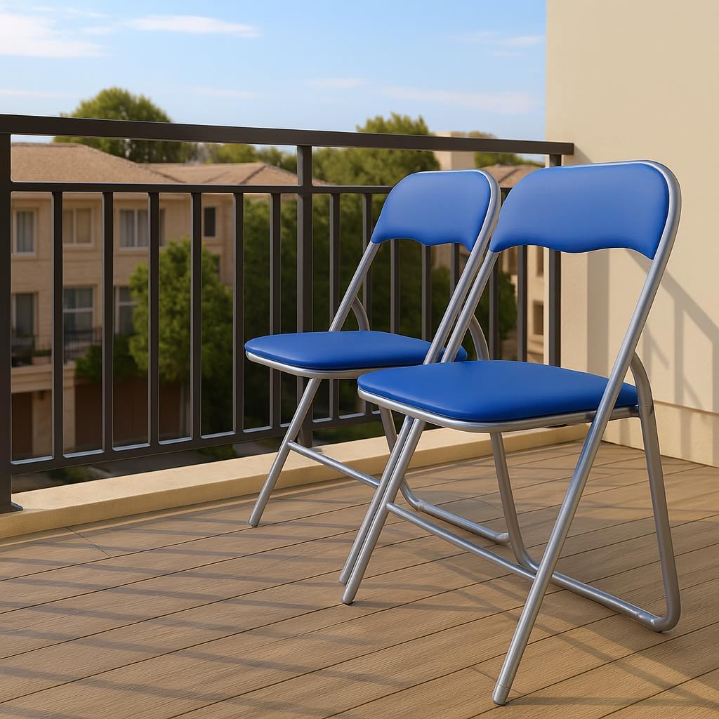 HAEST Set: 2X Klappstühle mit Metallrahmen und Kunstlederbezug, Silber-blau