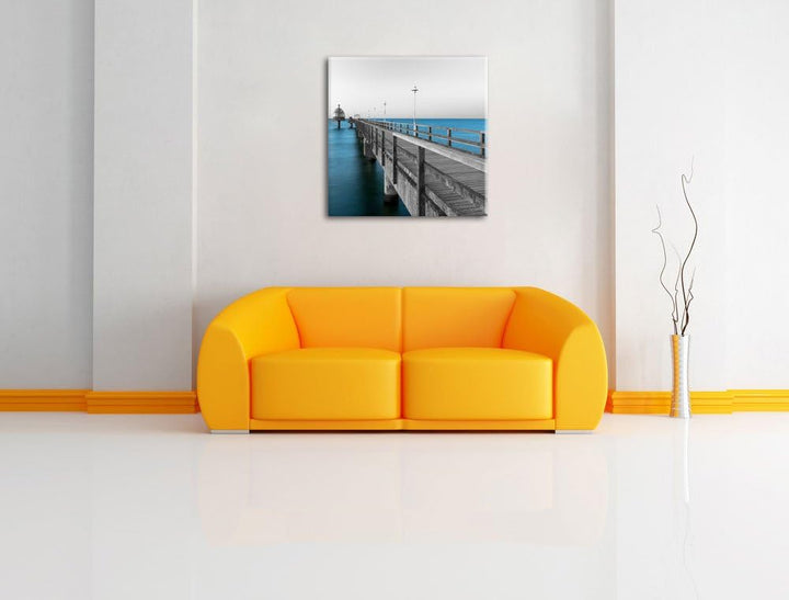 Langer Pier Steg ins Meer schwarz/weiss, Format: 70x70 auf Leinwand, riesige Bilder fertig gerahmt m
