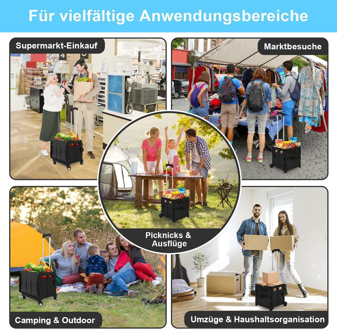 Einkaufstrolley Klappbar, mit neigbarer Teleskopgriff & Deckel, 2 x Rollen, bis 25 kg, 45 Liter Kist