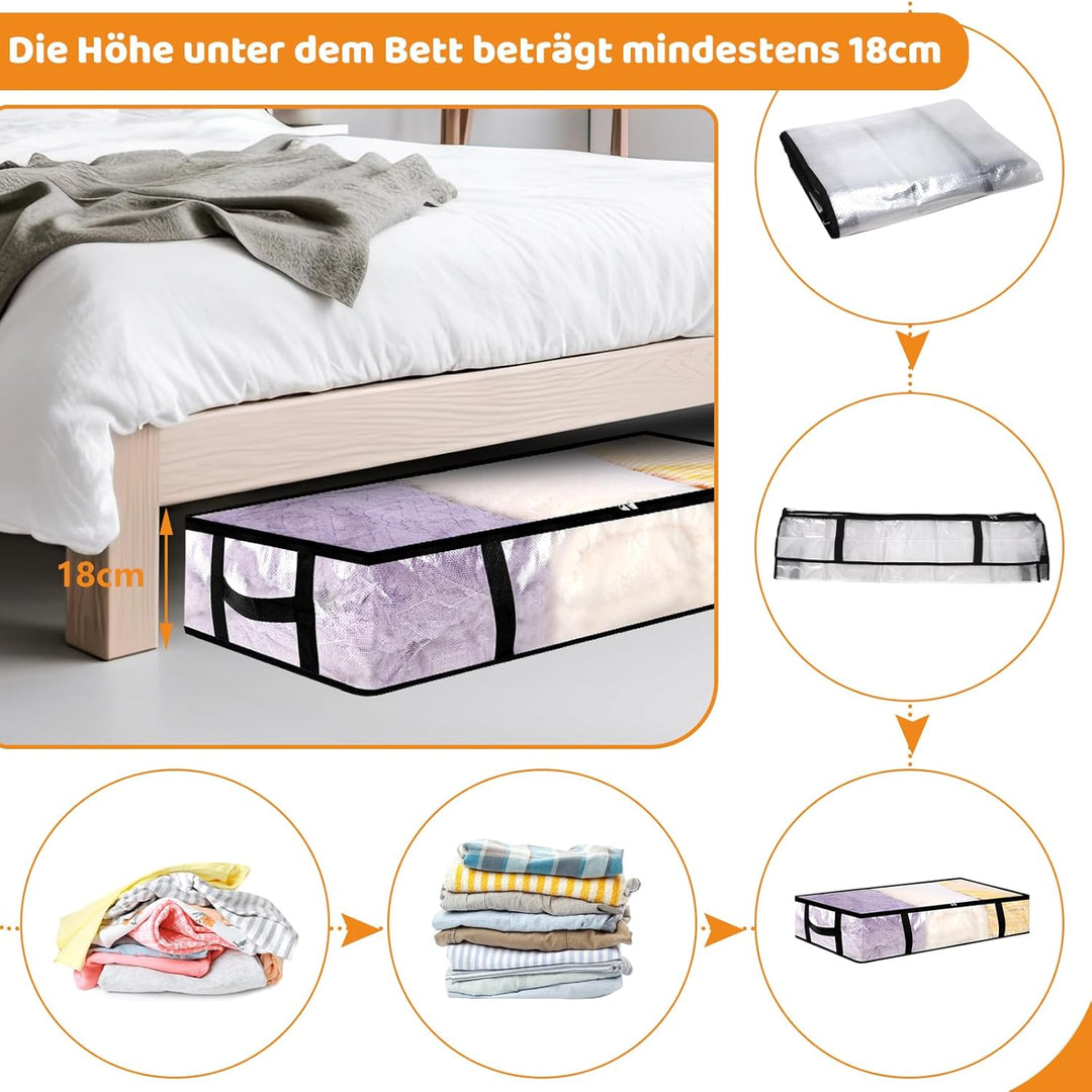 4 Stück 90L Unterbett Aufbewahrungsbox mit Deckel Gross, Transparente Unterbettkommode Faltbare Aufb