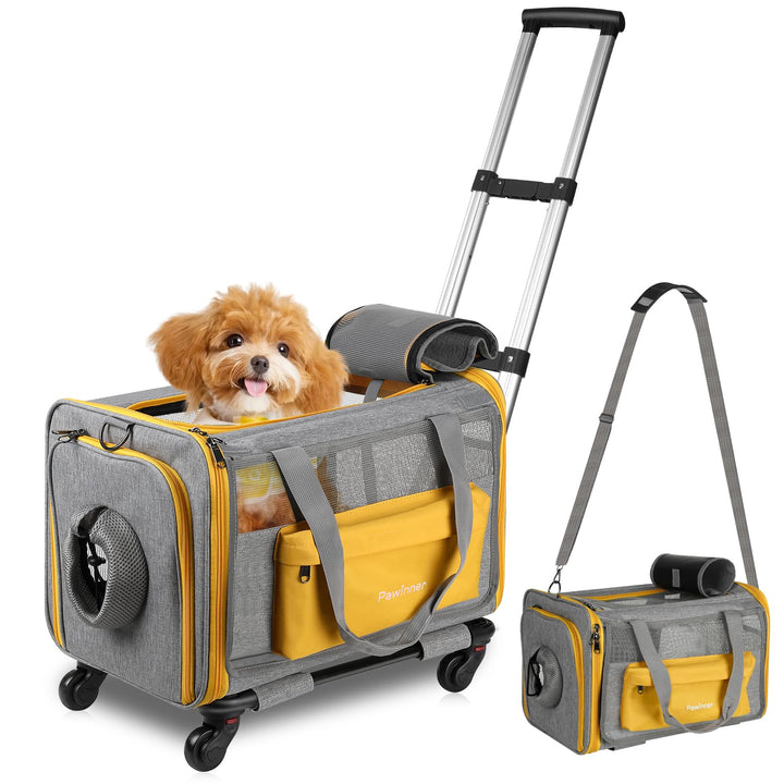Pawinner Transportbox Katze Hunde mit Rollen, 45x33x33 cm Hundebox mit Trolley für Auto & Flugzeug,