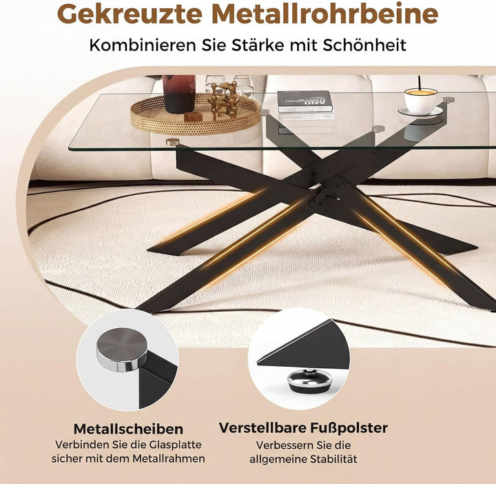 COSTWAY Couchtisch aus gehärtetem Glas, rechteckiger Glastisch mit Metall-Rohrrahmen, Wohnzimmertisc