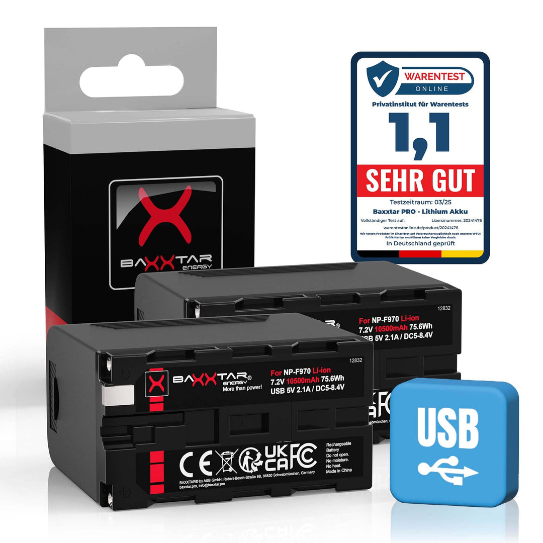 Baxxtar PRO 2X Akku NP-F970 Plus (Black Series/10500mAh) - LG Cells Inside - mit Powerbank Funktion