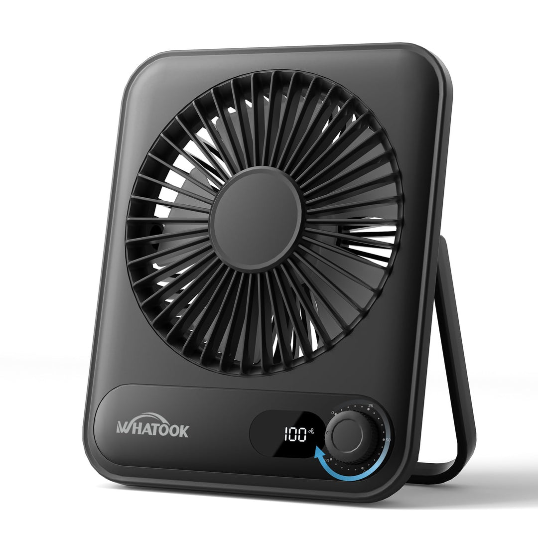WHATOOK USB Ventilator Leise: Stufenlos 1-100 Regler, 5000mAh Akku Tischventilator mit Schnellladung