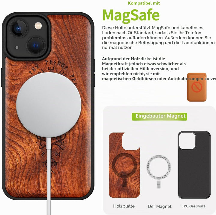 Carveit Holz Cover für iPhone 15 hülle, Kompatibel mit Magsafe Silikon Stossfeste Cover, Magnetisch