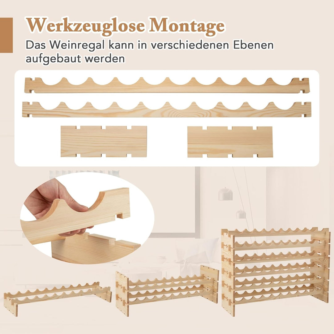 GOPLUS Weinregal stapelbar, Flaschenregal mit 6 Ebenen für 60 Flaschen, Flaschenhalter aus Kiefernho