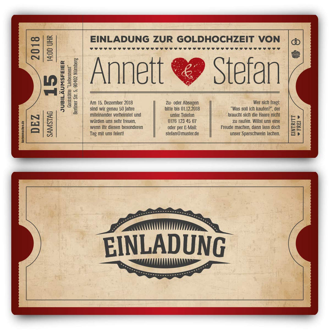 Personalisierte Goldhochzeit Hochzeitseinladungen goldene Hochzeit Einladungskarten als Ticket mit e
