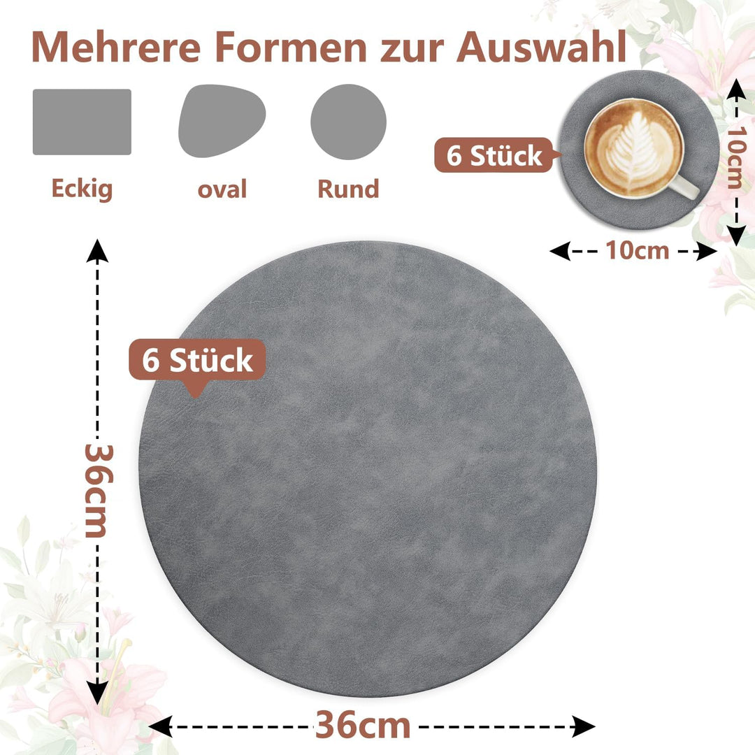 6er Set Tischset aus Leder-Imitat，Platzsets abwaschbar und wasserdicht，Platzdeckchen Lederoptik mit
