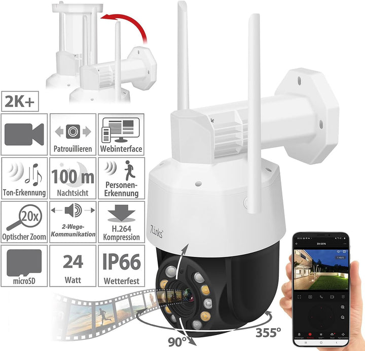 7links Kameras: PTZ-Überwachungskamera mit 2K+, Laser-LEDs, 20x-Zoom, WLAN, App, 360° (PTZ Kamera, W
