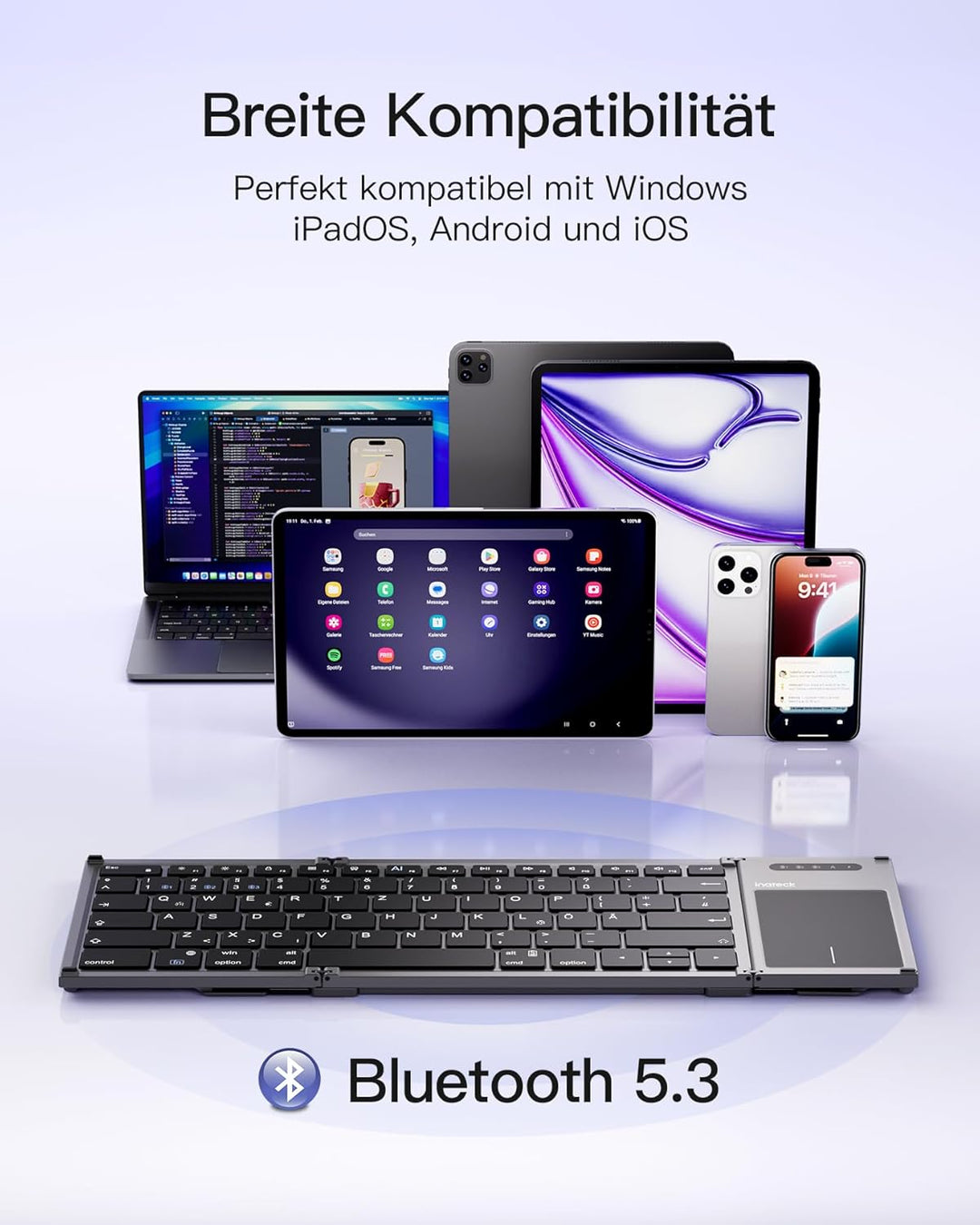 Inateck Faltbare Tastatur, KI-Tastatur mit Touchpad, Bluetooth Wireless Mini-Tastatur, Pocket-Tastat