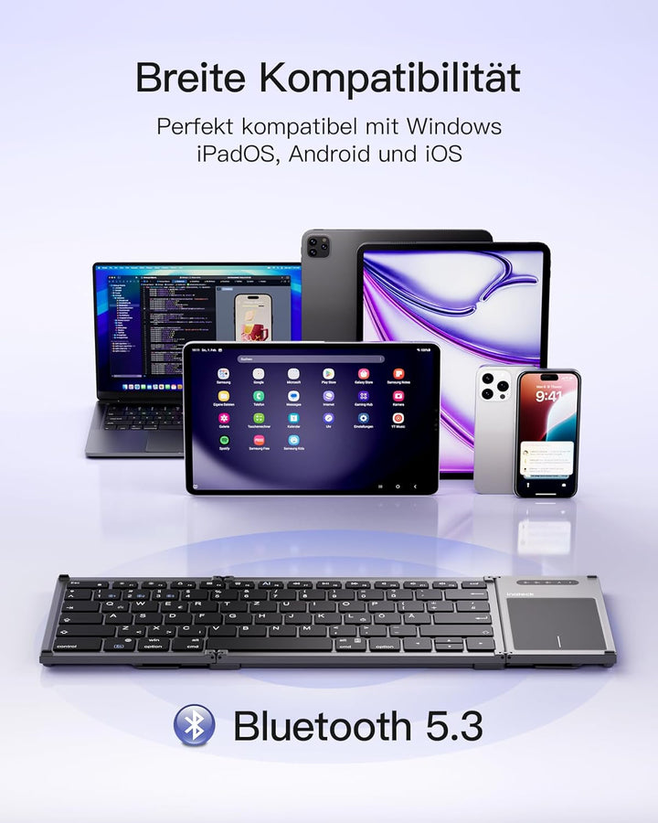 Inateck Faltbare Tastatur, KI-Tastatur mit Touchpad, Bluetooth Wireless Mini-Tastatur, Pocket-Tastat