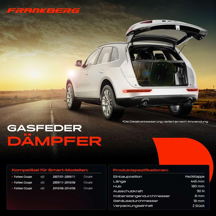 Frankberg 2x Gasfeder Heckklappe Kompatibel mit Fortwo 451 Coupe 2008-2016 Replace# 4519880004