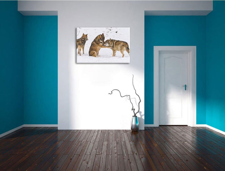 Pixxprint spielendes Wolfsrudel auf Leinwand, XXL riesige Bilder fertig gerahmt mit Keilrahmen, Kuns