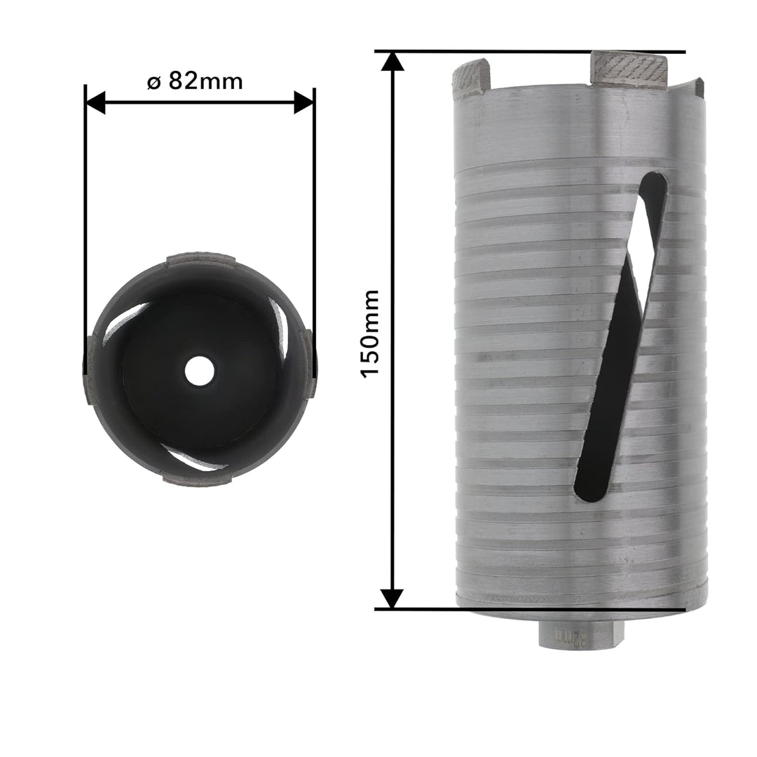 PRODIAMANT Diamant Bohrkrone ø 82mm Nutzlänge 150mm mit SDS Adapter lasergeschweisst für trocken Boh
