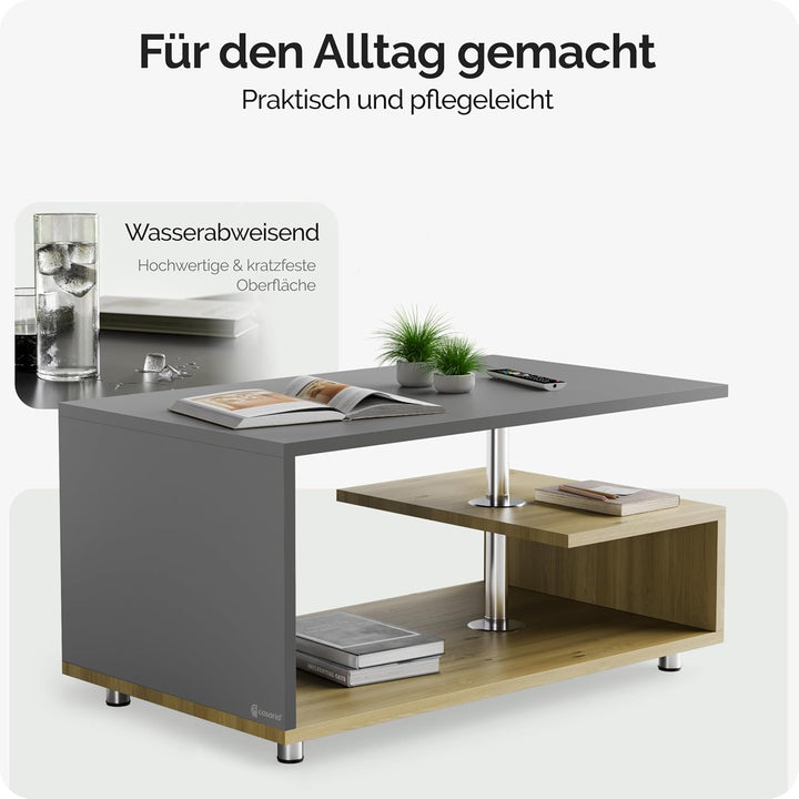 Casaria® Couchtisch Grau Holz Modern mit Stauraum 95x55cm Edelstahl Füsse Rund Höhenverstellbar Abla