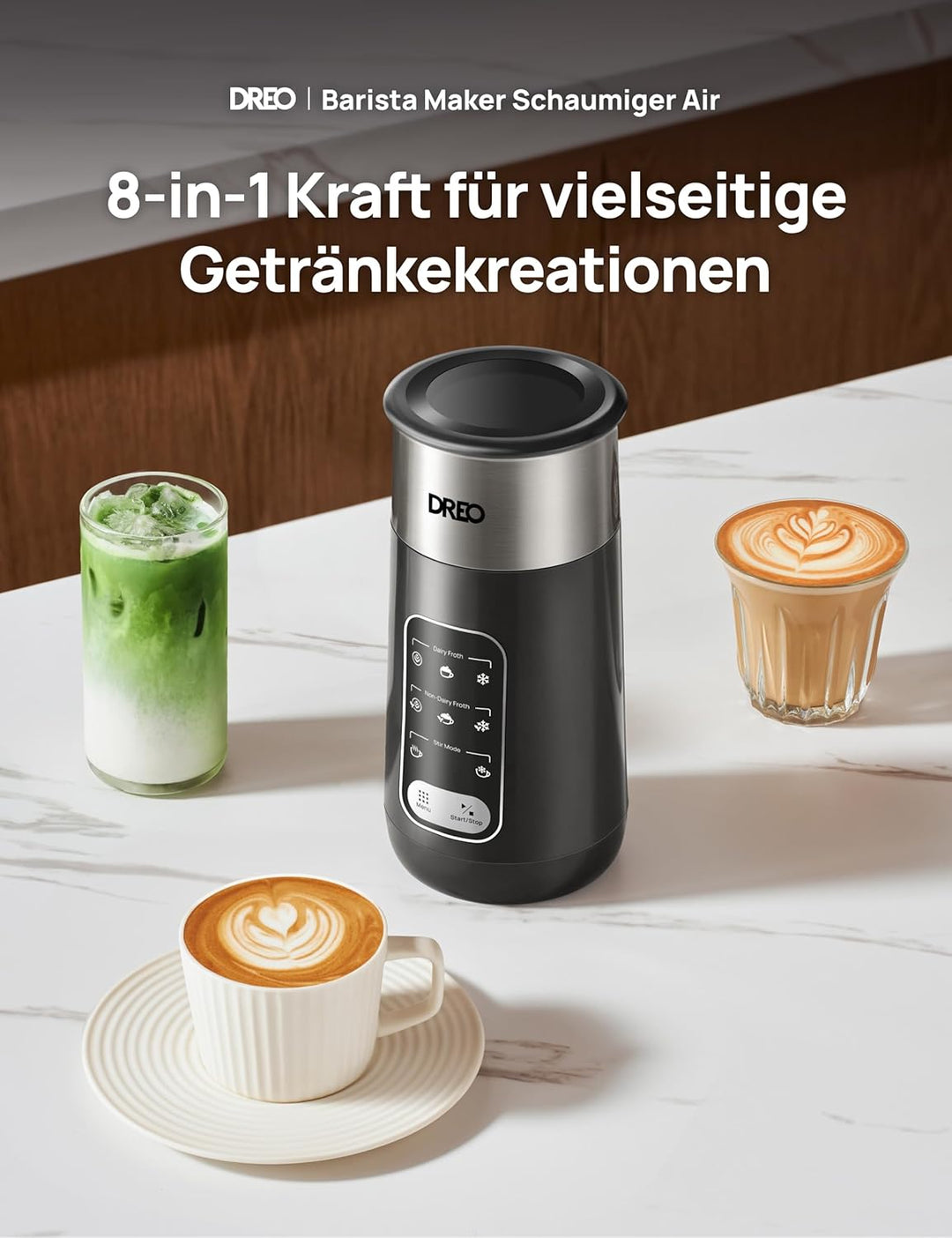 DREO Milchaufschäumer, 8-in-1 Elektrischer Milchschäumer für Latte, Cappuccino, Heisse Schokolade, 2