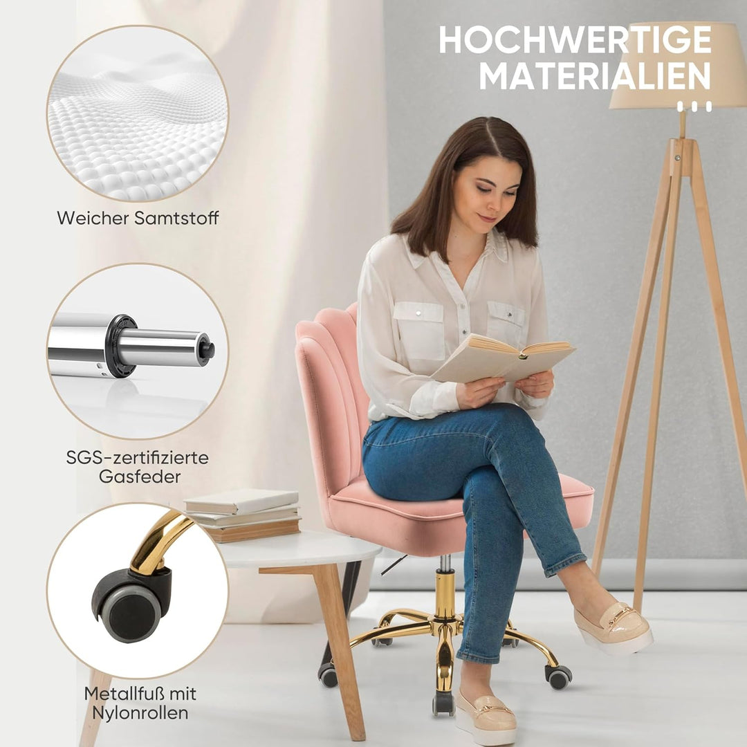 Bürostuhl Samt,Mädchen Schreibtischstuhl,Drehstuhl,Höhenverstellbar Muschel Stuhl,360° Drehbar Rolle