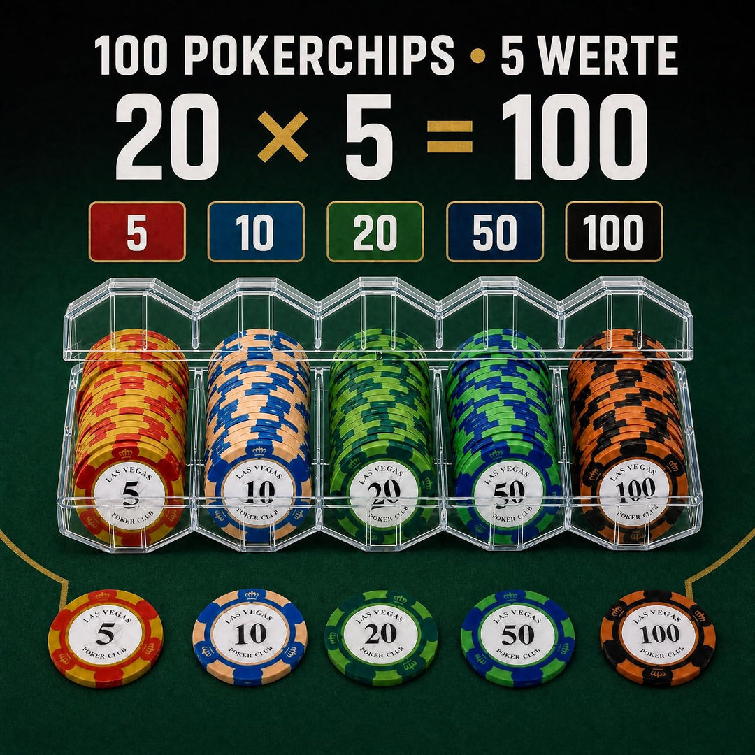 Pokerchip-Set mit 100 Tonchips mit Nennwert, geeignet für Blackjack und Casinospiele, 20 Chips pro N