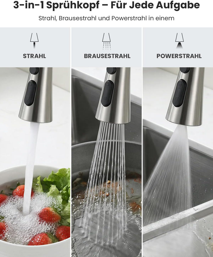 DAYONE Niederdruck Küchenarmatur, Ausziehbarer Wasserhahn mit 3 Strahlarten, Wasserhahn Küche mit 3