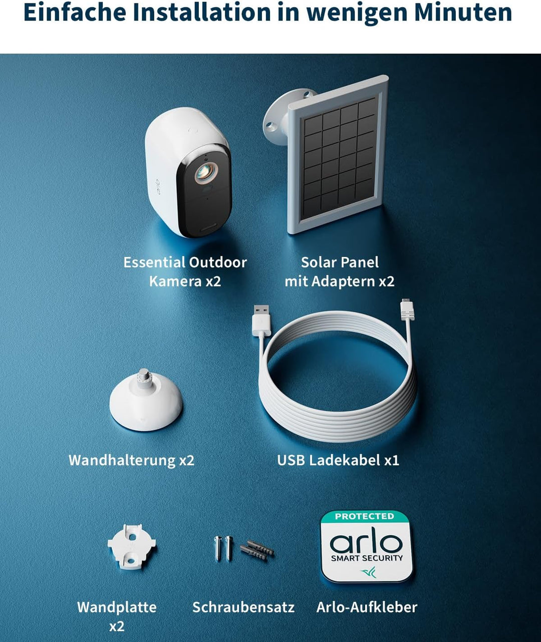 Arlo Essential 3 HD Überwachungskamera Aussen WLAN & 2 Solar Panel, Kabellos, 1080p Video, Farbnacht