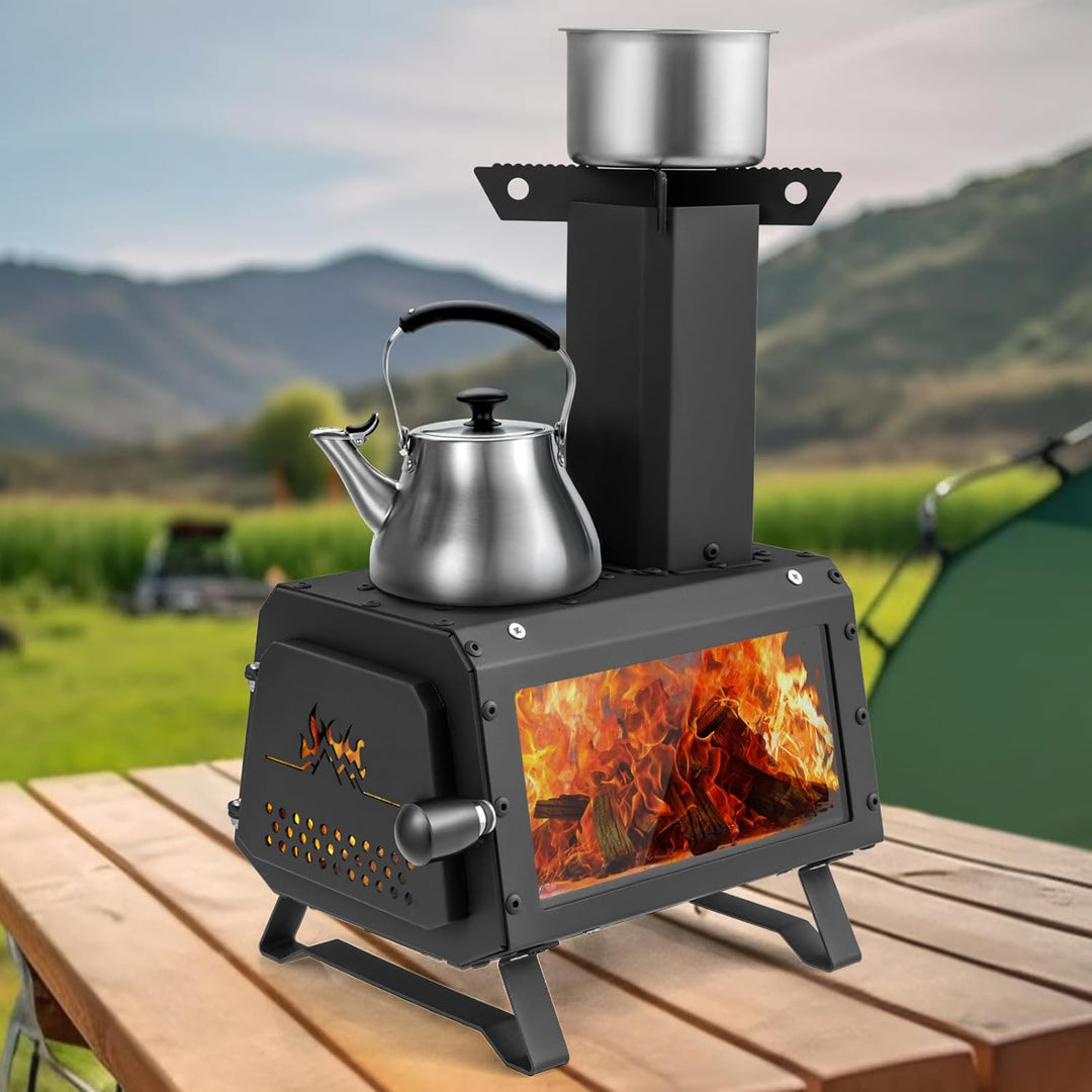 FANTASK tragbarer Holzofen, Raketenofen Outdoor inkl. 2 Kochflächen mit Sichtscheibe und Aschepfanne