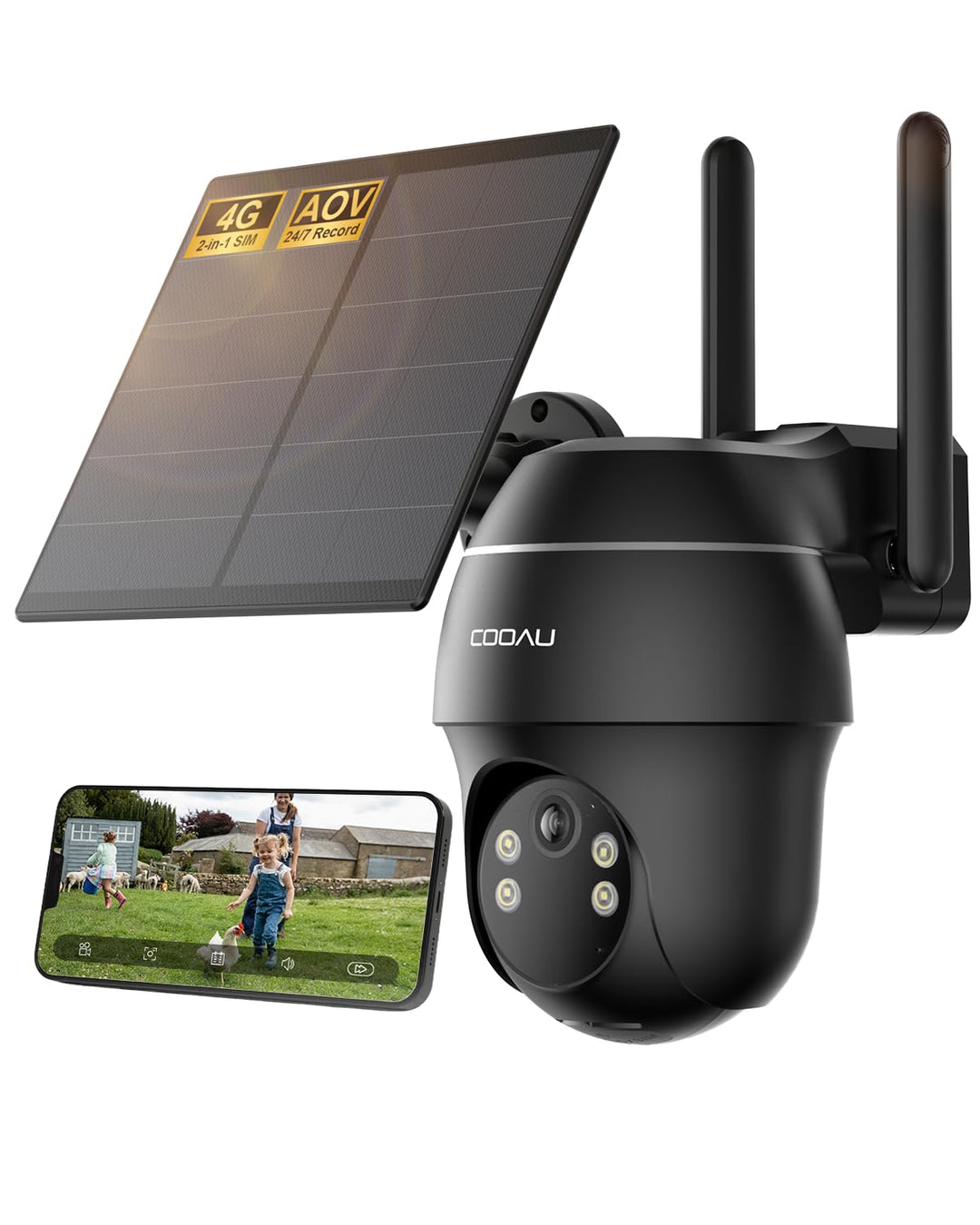 COOAU 24/7 Aufzeichnung AOV 4G LTE Solar Überwachungskamera Aussen mit SIM Karte, 2K PTZ Kamera Über