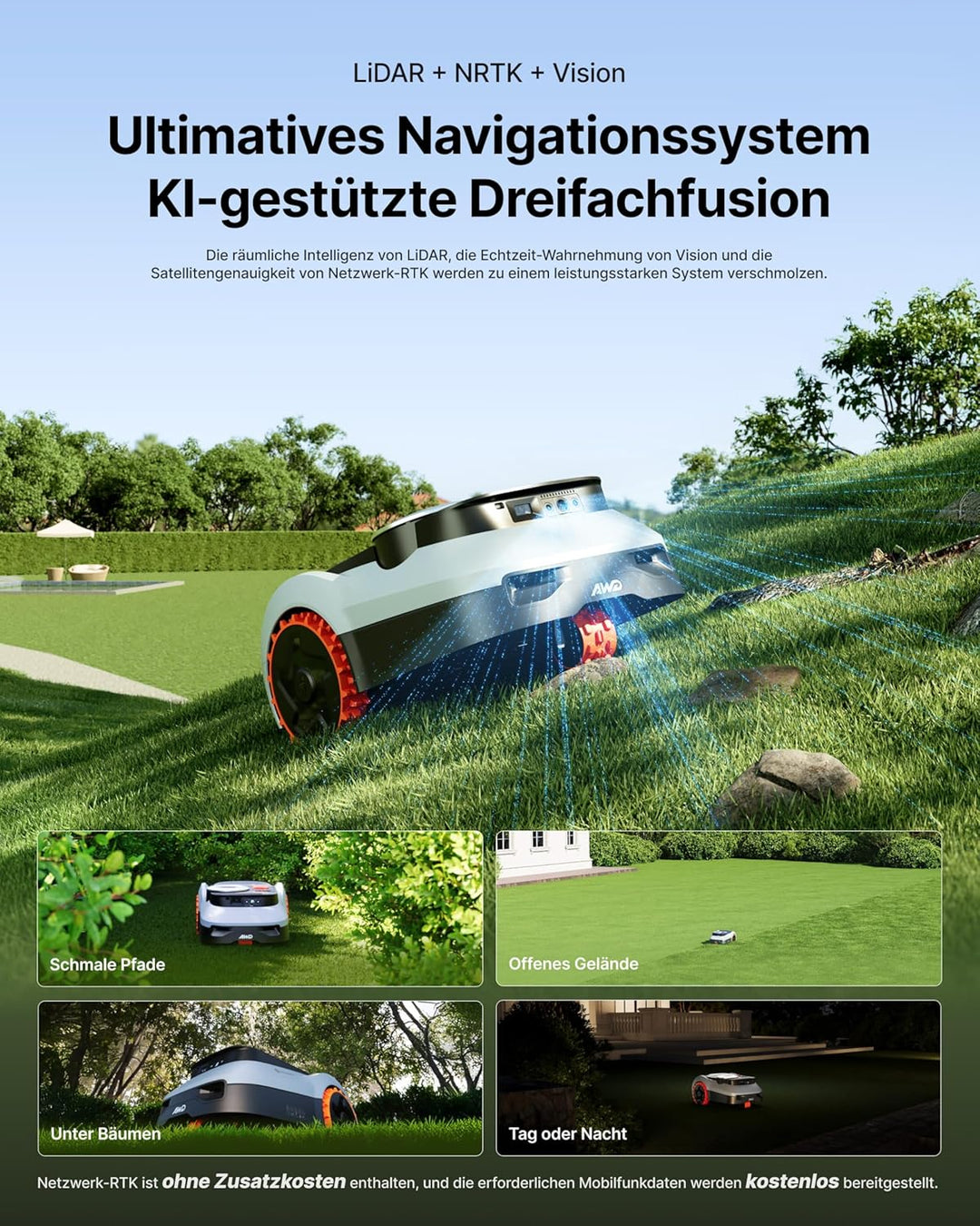 Segway Navimow i220 LiDAR Pro Mähroboter mit Garage M Empf. 2000 m², LiDAR+Vision+NRTK-Navigation, X