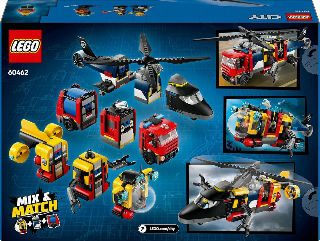 LEGO City Kombinationsset mit Hubschrauber, Löschauto und U-Boot und 3 Minifiguren - Baubare Spielze