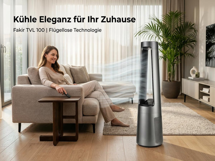 Fakir TVL 100 Flügelloser Turmventilator - DC-Motor, 12 Lüfterstufen, 30 dB(A), 60° Oszillation, 12h