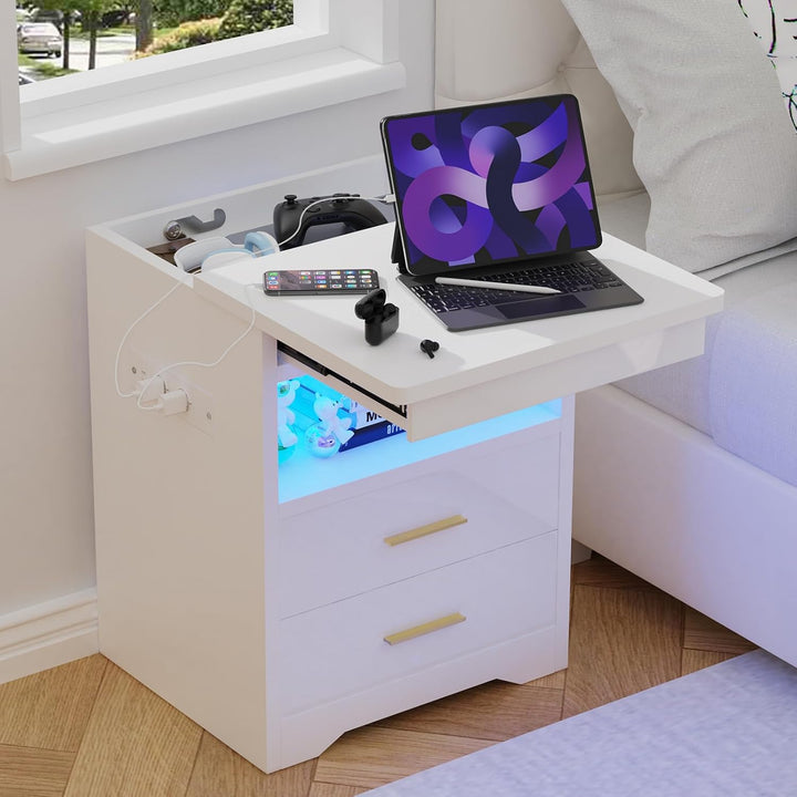 PIPIPOXER 2er Set Nachttisch mit Steckdose &amp; USB &amp; abschliessbar, Nachttisch Weiss mit LED Nachtkomm