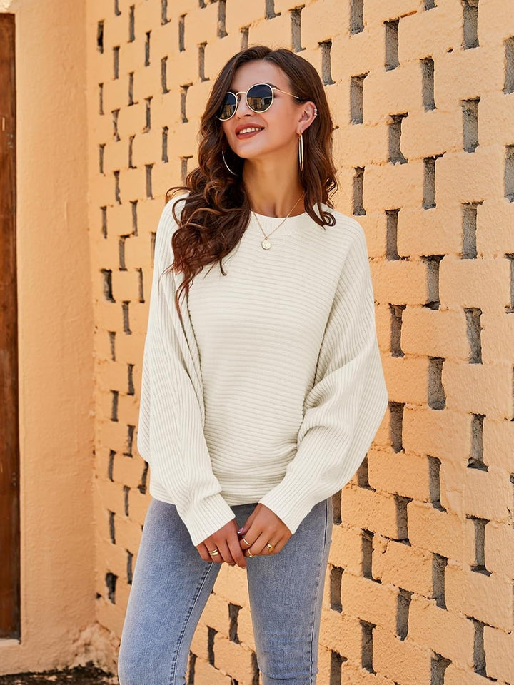 Fessceruna Damen Pullover Oversize Fledermausärmel Strickpullover Winter Rundhals Pulli Geripptes Sw