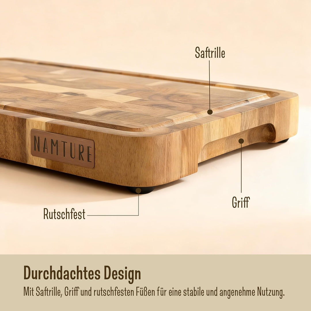 Schneidebrett Holz Set – 2,5 cm stark, mit hochwertiger Öl-Oberfläche, Saftrille, Anti-Rutsch-Füssen