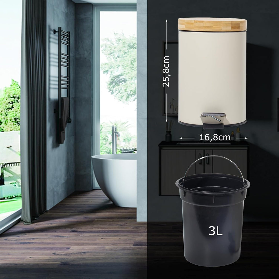 3L Mülleimer Bad mit Bambusdeckel, Kosmetikeimer mit Absenkautomatik (Soft Close), Badezimmer eimer,