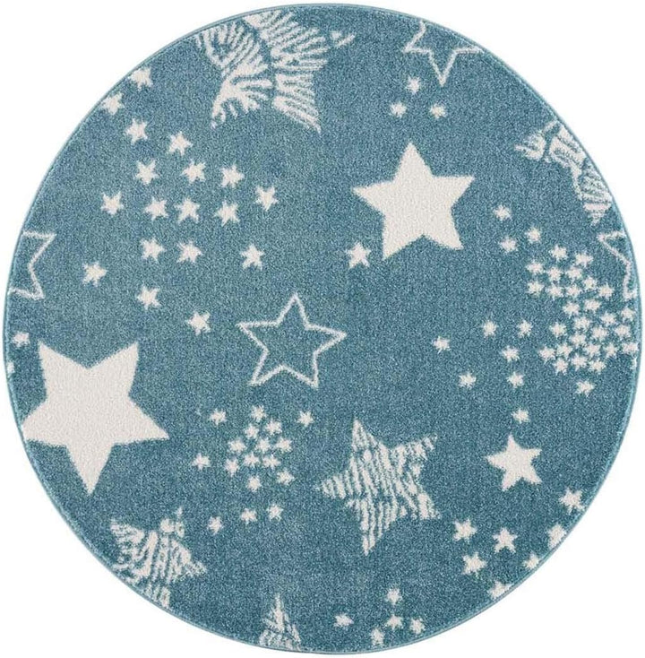 carpet city Kinderteppich - Sterne Sternen-Himmel 120 cm Rund Blau - Kinderzimmer Teppich Modern 120
