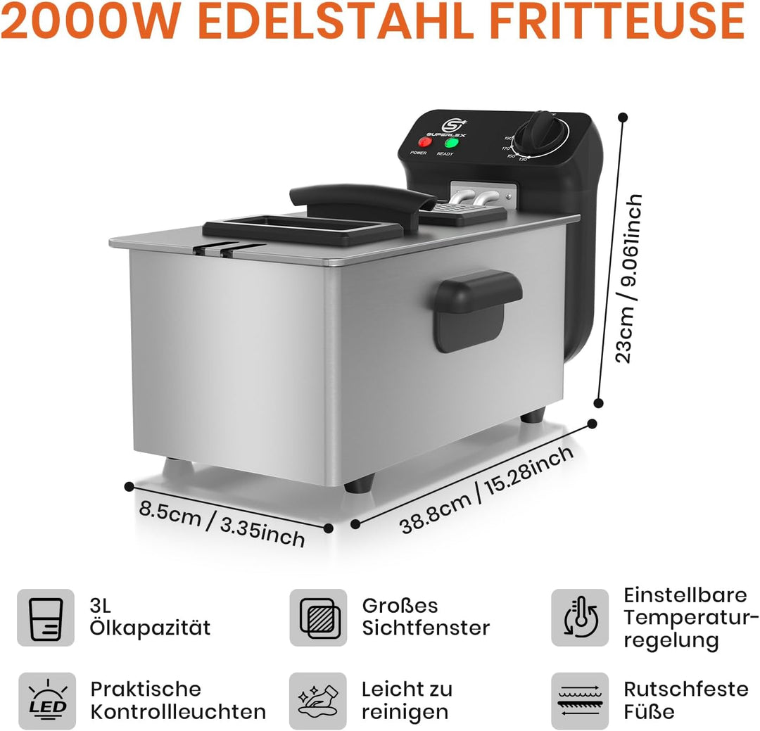 Fritteuse Elektrische 2000W Edelstahl Fritteuse mit Öl 3L Kapazität Antihaft Beschichtung Einstellba