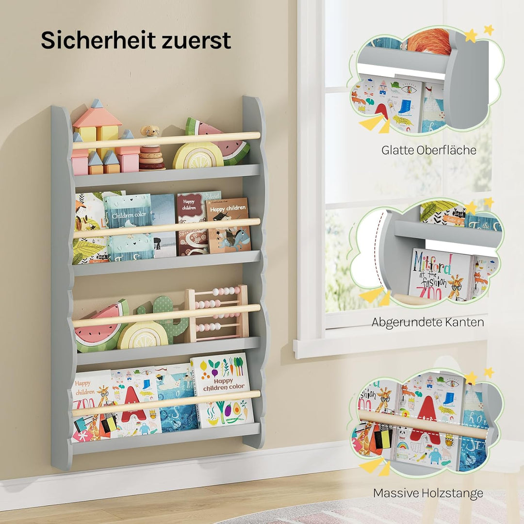 WOLTU Kinder Bücherregal Wand, Bücher-Organizer mit 4 Ablagen, Kinderregal für Buchaufbewahrung, Wan