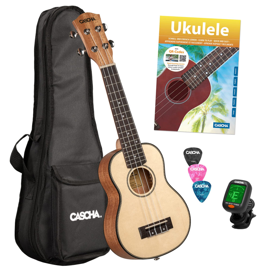 CASCHA Sopran Ukulele, Massive Fichtendecke, Solid Top, Hawaii Gitarre Starter Lern Set mit Zubehör,