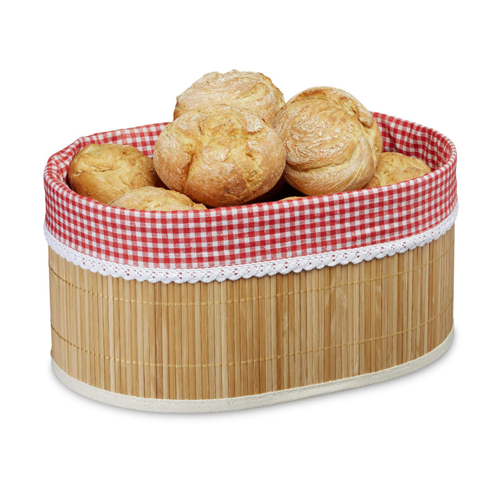 Relaxdays 5 x Brotkörbchen Bambus, Stoffeinsatz, HxBxT: 16,5 x 33,5 x 23,5 cm, Aufbewahrungskörbchen