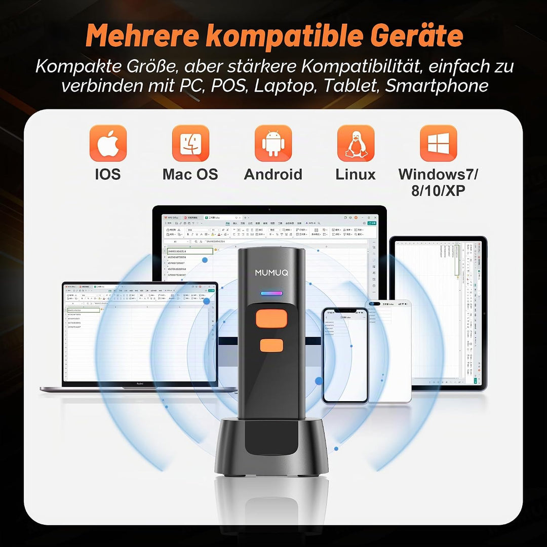 Barcode Scanner Kabelloser Mini 1D/2D QR Code Scanner mit Ladestation | 3-in-1 (BT/2.4G/USB) Konnekt